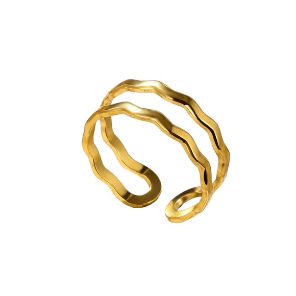 423. 18k Gold plated Stainless Steel Double Wave Adjustable Ring - Picture 2 of 7